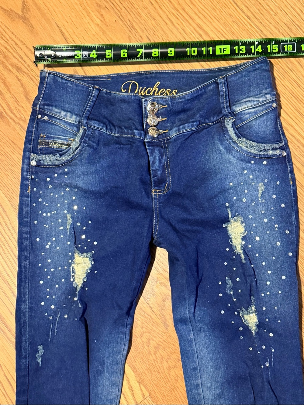 Duchess Jeans Y2K Rhinestone Distressed Skinny Jeans High Rise Stretch Denim 12 - Picture 4 of 12